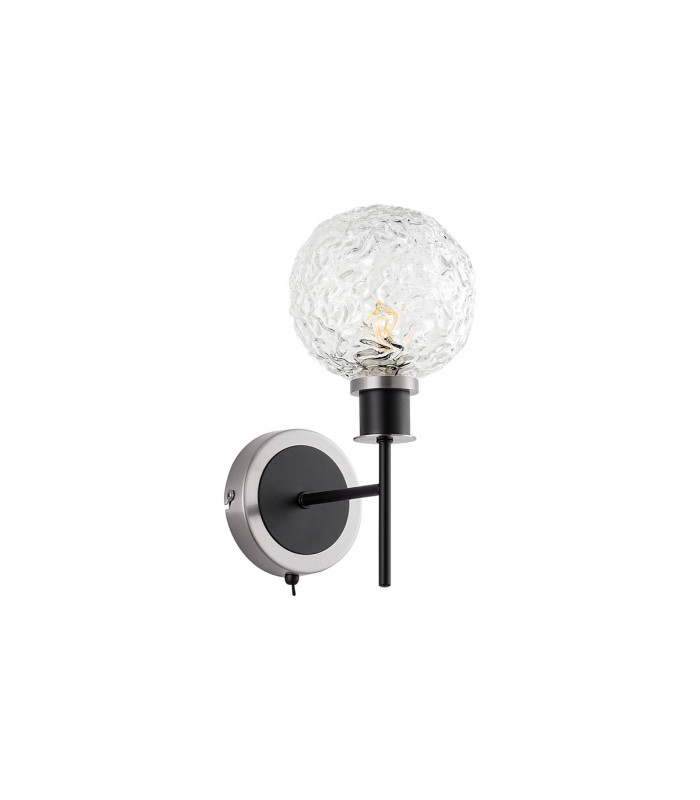 Placid Switched Wall Light 1 Light E14 15cm Round Textured Crumple Glass Shade Satin Nickel Clear & Satin Black-4
