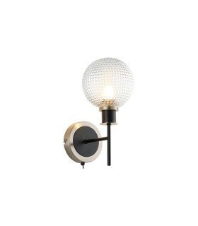Placid Switched Wall Light 1 Light E14 15cm Round Textured Diamond Pattern Glass Shade Satin Nickel Clear & Satin Black-1