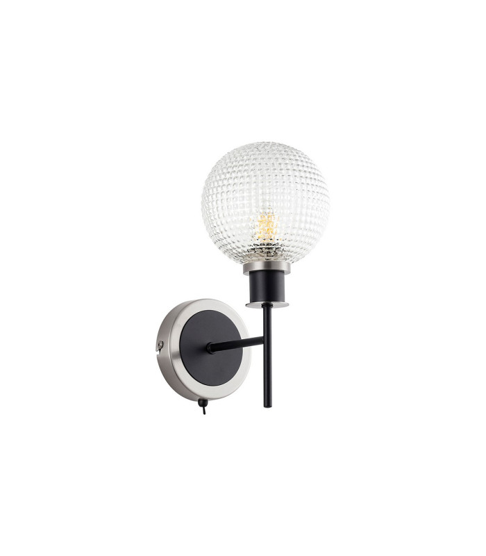 Placid Switched Wall Light 1 Light E14 15cm Round Textured Diamond Pattern Glass Shade Satin Nickel Clear & Satin Black-4
