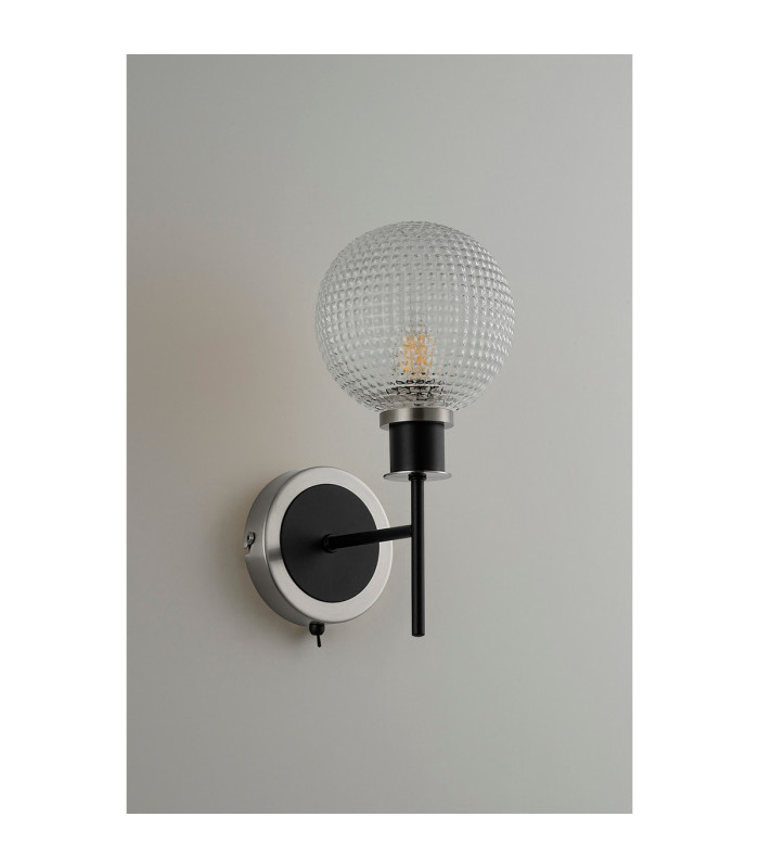 Placid Switched Wall Light 1 Light E14 15cm Round Textured Diamond Pattern Glass Shade Satin Nickel Clear & Satin Black-7