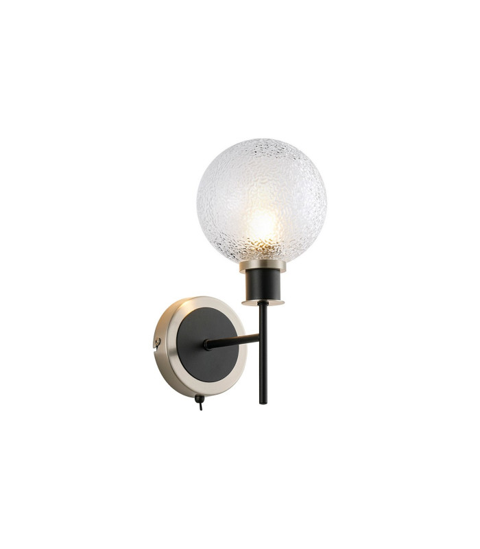 Placid Switched Wall Light 1 Light E14 15cm Round Dimpled Glass Shade Satin Nickel Clear & Satin Black-1