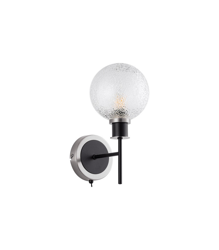 Placid Switched Wall Light 1 Light E14 15cm Round Dimpled Glass Shade Satin Nickel Clear & Satin Black-4