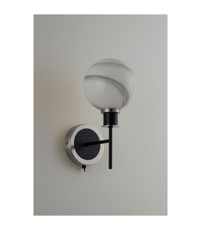 Placid Switched Wall Light E14 15cm Round White & Grey Marble Effect Glass Shade Satin Nickel & Satin Black Framework-7