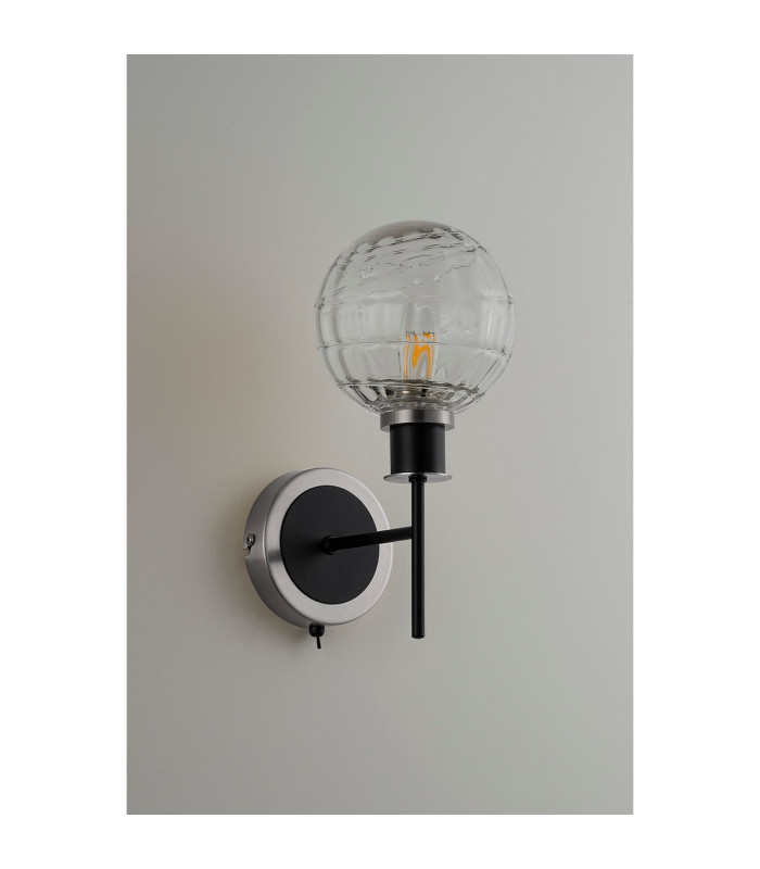 Placid Switched Wall Light 1 Light E14 15cm Round Textured Melting Glass Shade Satin Nickel Clear & Satin Black-7
