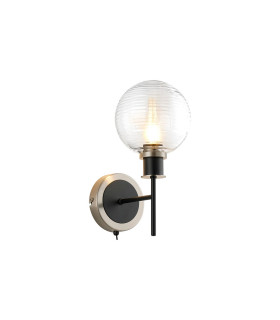 Placid Switched Wall Light 1 Light E14 15cm Round Ribbed Glass Shade Satin Nickel Clear & Satin Black-1