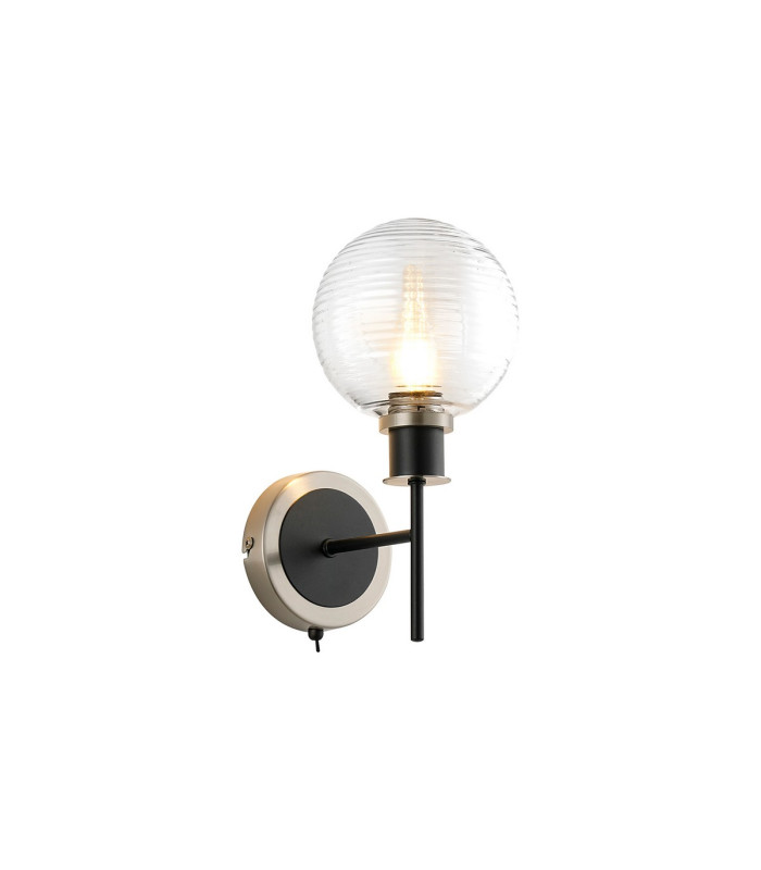 Placid Switched Wall Light 1 Light E14 15cm Round Ribbed Glass Shade Satin Nickel Clear & Satin Black-1