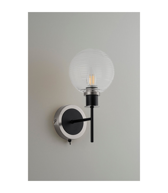 Placid Switched Wall Light 1 Light E14 15cm Round Ribbed Glass Shade Satin Nickel Clear & Satin Black-7