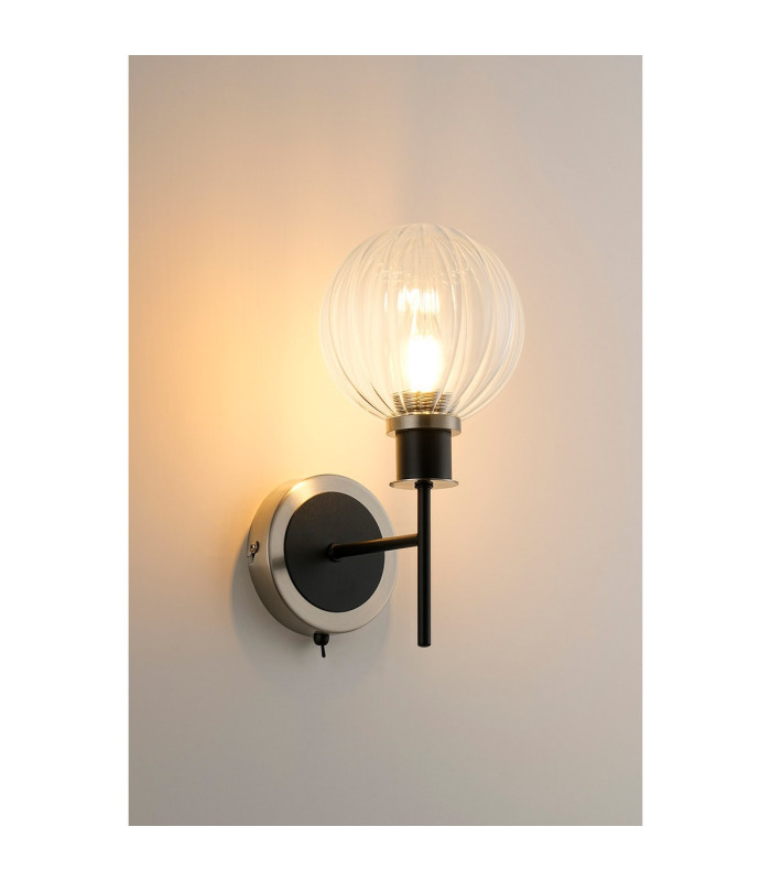 Placid Switched Wall Light 1 Light E14 15cm Round Segment Glass Shade Satin Nickel Clear & Satin Black-3