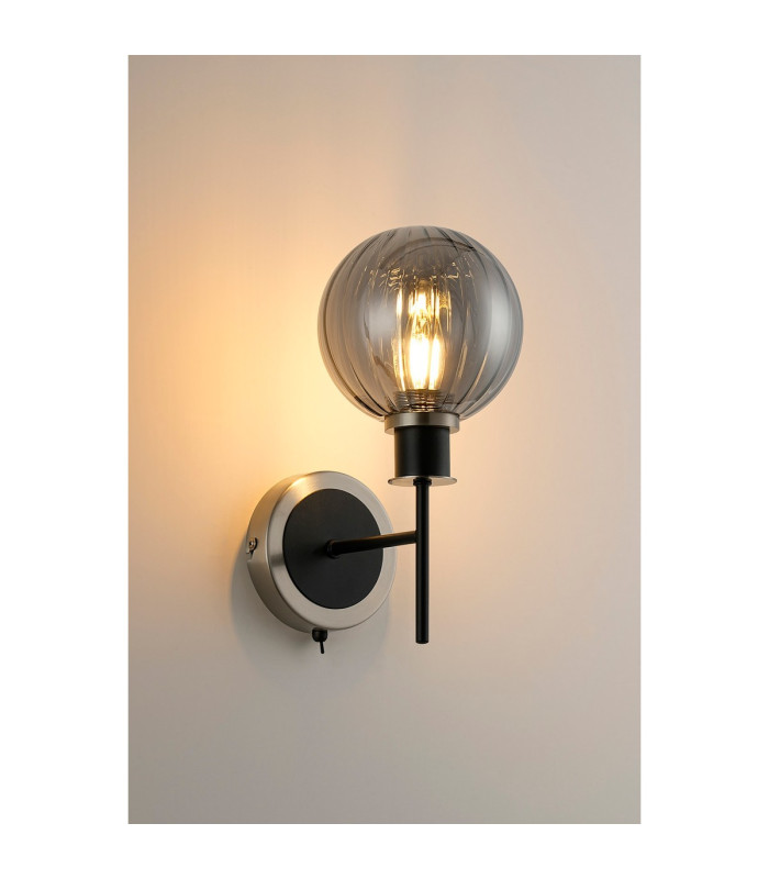 Placid Switched Wall Light 1 Light E14 15cm Round Segment Glass Shade Satin Nickel Smoke Plated & Satin Black-3