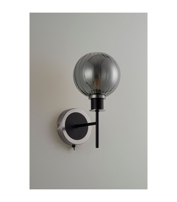 Placid Switched Wall Light 1 Light E14 15cm Round Segment Glass Shade Satin Nickel Smoke Plated & Satin Black-7