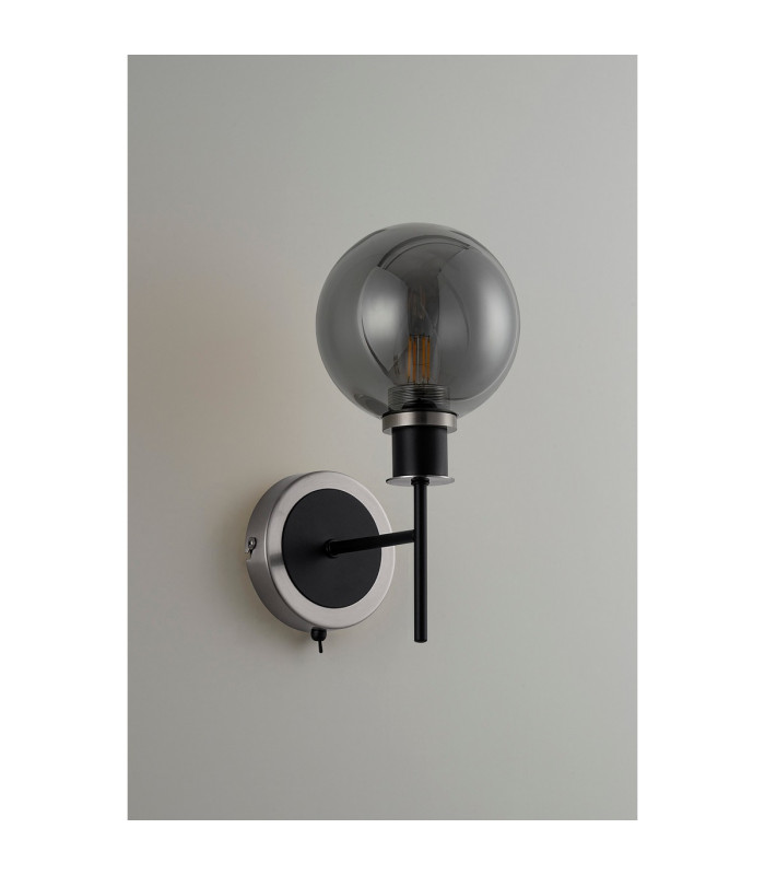 Placid Switched Wall Light 1 Light E14 15cm Round Glass Shade Satin Nickel Smoke Plated & Satin Black-7