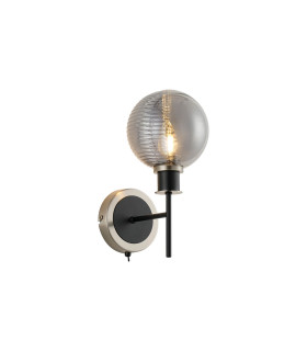 Placid Switched Wall Light E14 15cm Round Textured Smooth/Ribbed Glass Shade Satin Nickel Smoke Plated & Satin Black-1