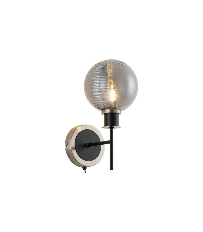 Placid Switched Wall Light E14 15cm Round Textured Smooth/Ribbed Glass Shade Satin Nickel Smoke Plated & Satin Black-1
