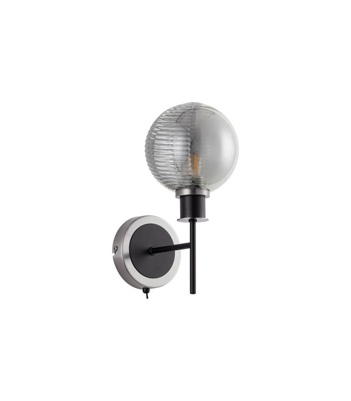 Placid Switched Wall Light E14 15cm Round Textured Smooth/Ribbed Glass Shade Satin Nickel Smoke Plated & Satin Black-4