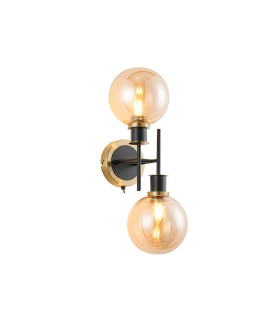 Placid Switched Wall Light 2 Light E14 15cm Round Glass Shade Brass Amber Plated & Satin Black-1