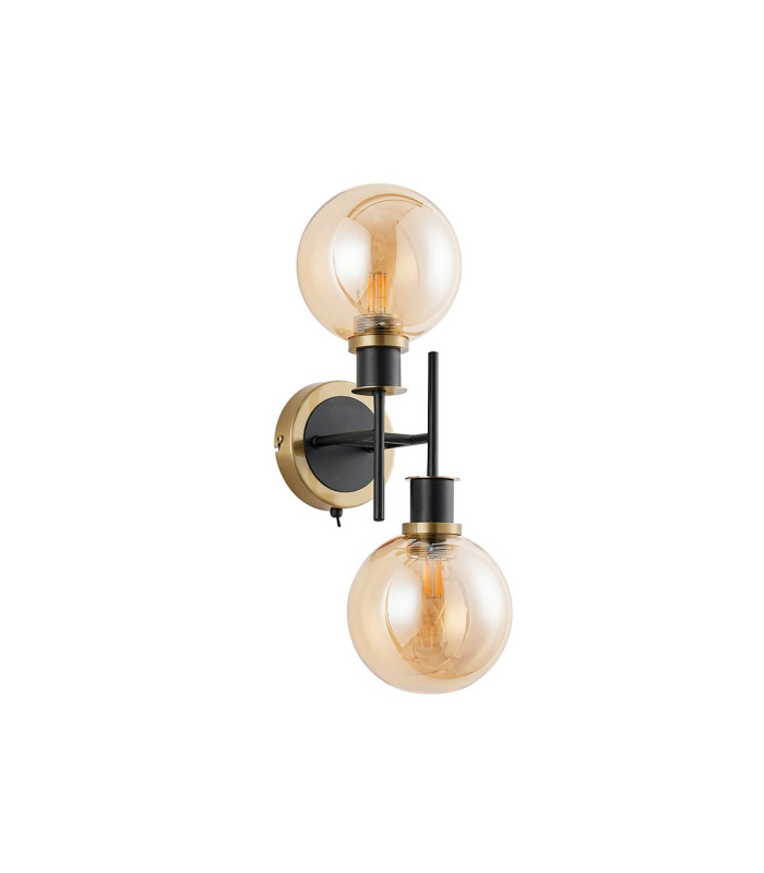 Placid Switched Wall Light 2 Light E14 15cm Round Glass Shade Brass Amber Plated & Satin Black-4