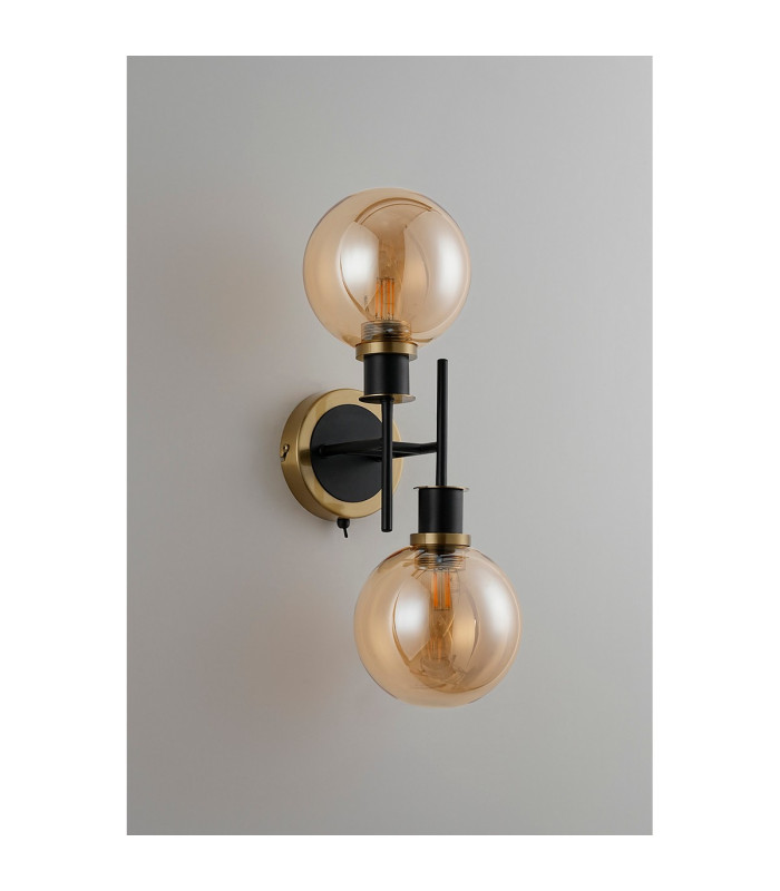 Placid Switched Wall Light 2 Light E14 15cm Round Glass Shade Brass Amber Plated & Satin Black-7