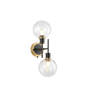 Placid Switched Wall Light 2 Light E14 15cm Round Glass Shade Brass Clear & Satin Black-1