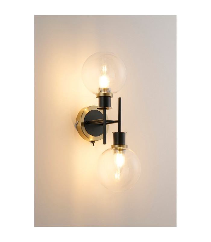 Placid Switched Wall Light 2 Light E14 15cm Round Glass Shade Brass Clear & Satin Black-3