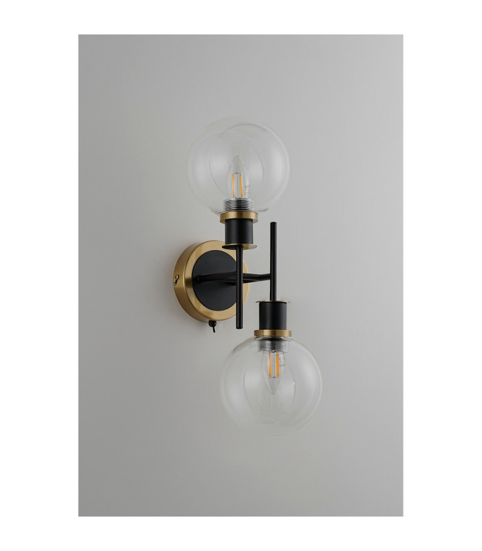 Placid Switched Wall Light 2 Light E14 15cm Round Glass Shade Brass Clear & Satin Black-7