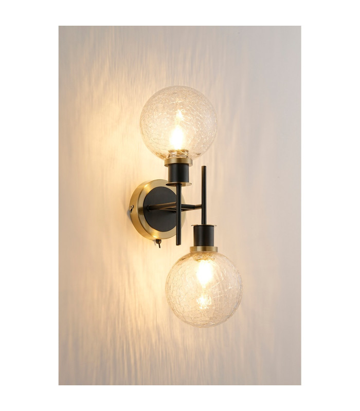 Placid Switched Wall Light 2 Light E14 15cm Round Crackled Glass Shade Brass Clear & Satin Black-3