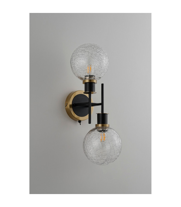 Placid Switched Wall Light 2 Light E14 15cm Round Crackled Glass Shade Brass Clear & Satin Black-7
