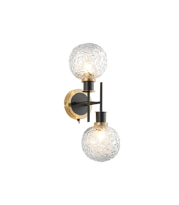 Placid Switched Wall Light 2 Light E14 15cm Round Textured Crumple Glass Shade Brass Clear & Satin Black-1