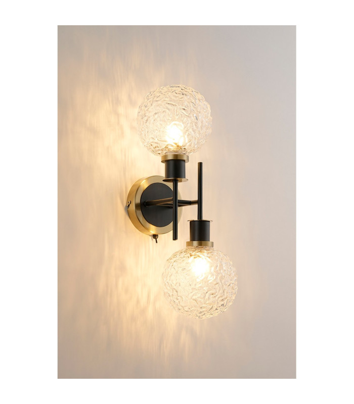 Placid Switched Wall Light 2 Light E14 15cm Round Textured Crumple Glass Shade Brass Clear & Satin Black-3