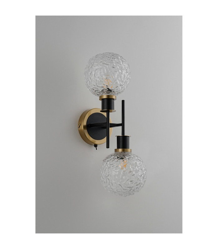 Placid Switched Wall Light 2 Light E14 15cm Round Textured Crumple Glass Shade Brass Clear & Satin Black-7