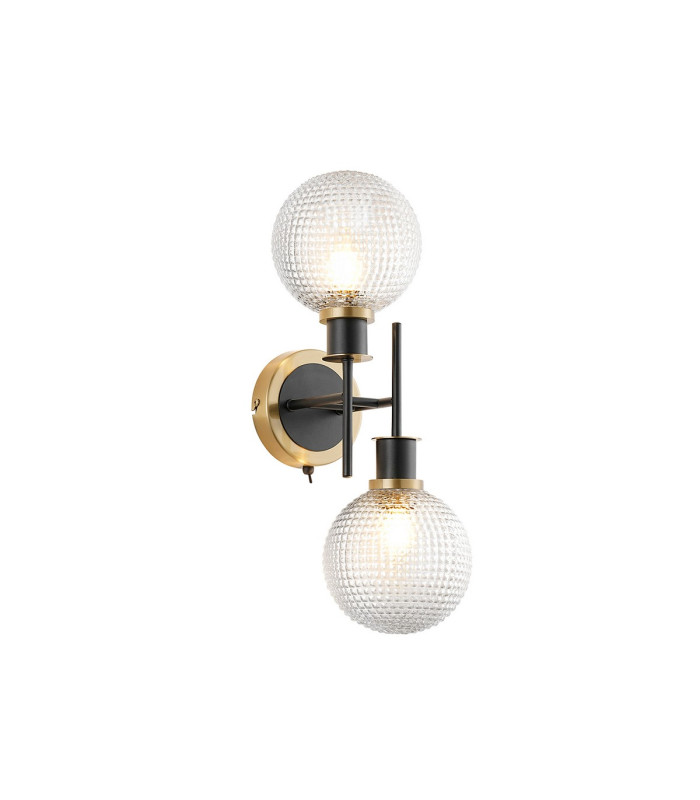 Placid Switched Wall Light 2 Light E14 15cm Round Textured Diamond Pattern Glass Shade Brass Clear & Satin Black-1