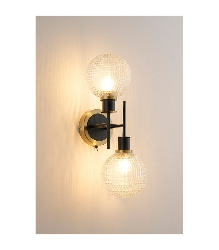 Placid Switched Wall Light 2 Light E14 15cm Round Textured Diamond Pattern Glass Shade Brass Clear & Satin Black-3