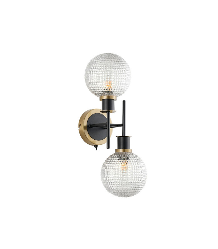 Placid Switched Wall Light 2 Light E14 15cm Round Textured Diamond Pattern Glass Shade Brass Clear & Satin Black-4