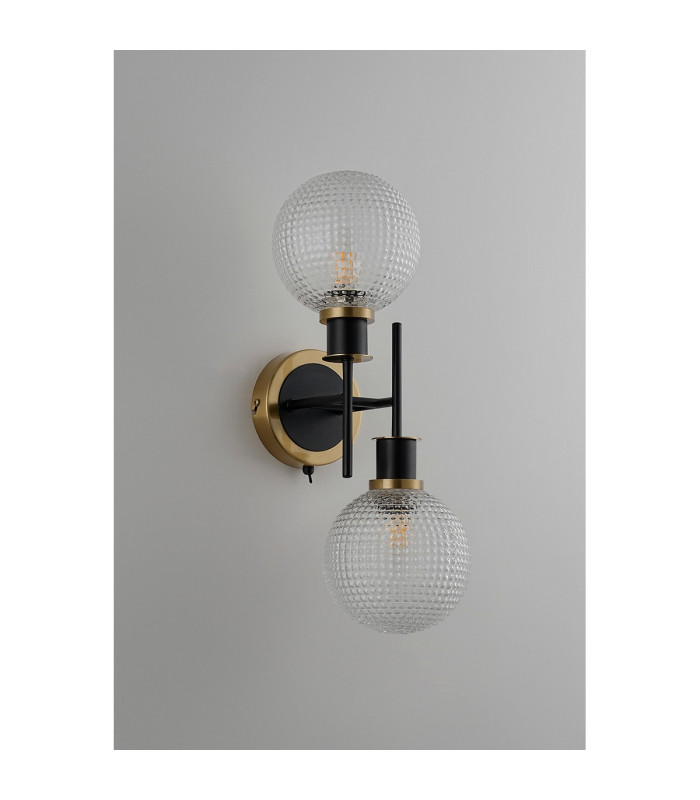 Placid Switched Wall Light 2 Light E14 15cm Round Textured Diamond Pattern Glass Shade Brass Clear & Satin Black-7