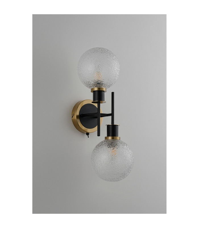 Placid Switched Wall Light 2 Light E14 15cm Round Dimpled Glass Shade Brass Clear & Satin Black-7