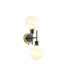 Placid Switched Wall Light 2 Light E14 15cm Round White & Grey Marble Effect Glass Shade Brass & Satin Black Framework-1
