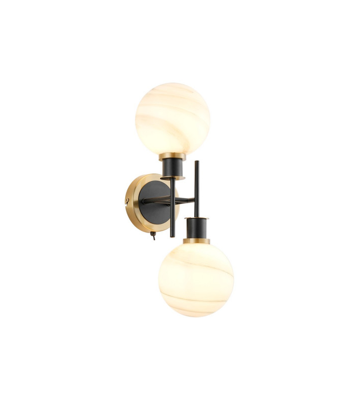Placid Switched Wall Light 2 Light E14 15cm Round White & Grey Marble Effect Glass Shade Brass & Satin Black Framework-1