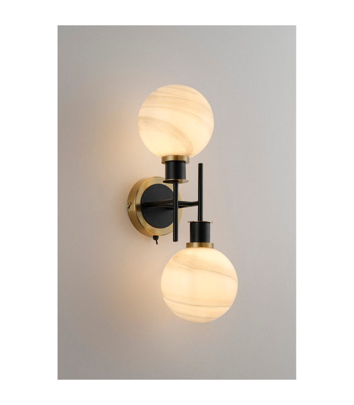 Placid Switched Wall Light 2 Light E14 15cm Round White & Grey Marble Effect Glass Shade Brass & Satin Black Framework-3