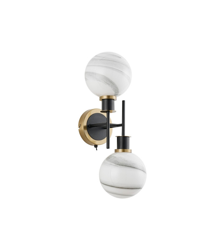 Placid Switched Wall Light 2 Light E14 15cm Round White & Grey Marble Effect Glass Shade Brass & Satin Black Framework-4