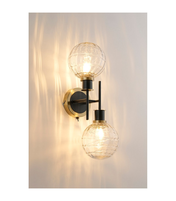 Placid Switched Wall Light 2 Light E14 15cm Round Textured Melting Glass Shade Brass Clear & Satin Black-3