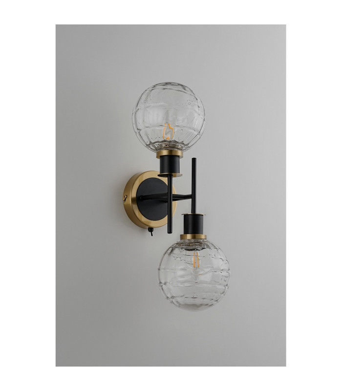 Placid Switched Wall Light 2 Light E14 15cm Round Textured Melting Glass Shade Brass Clear & Satin Black-7