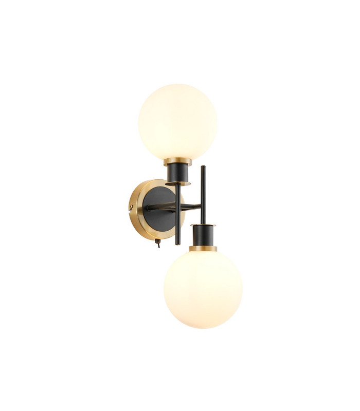 Placid Switched Wall Light 2 Light E14 15cm Round Glass Shade Brass Opal & Satin Black-1