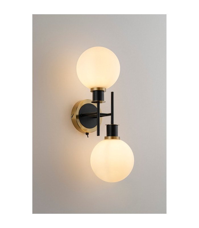 Placid Switched Wall Light 2 Light E14 15cm Round Glass Shade Brass Opal & Satin Black-3