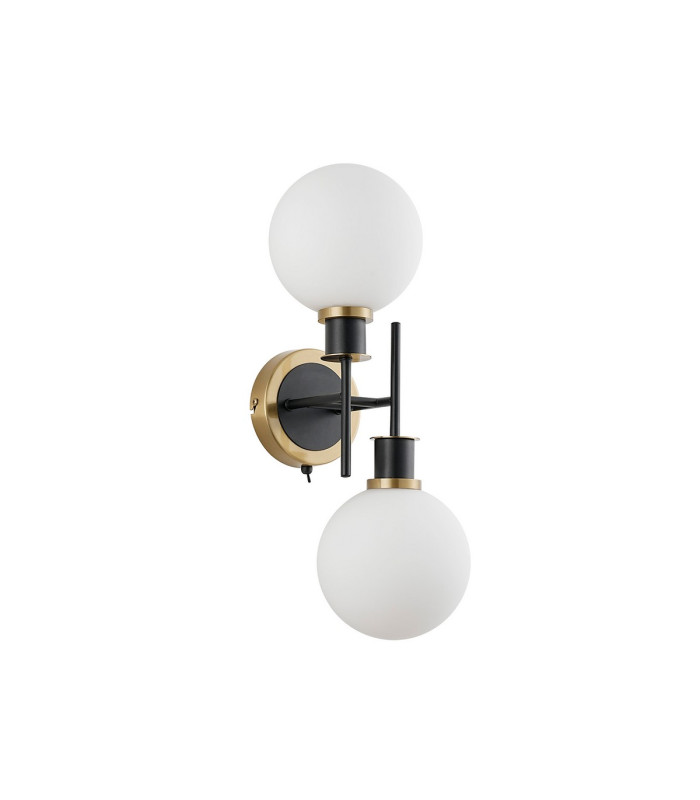 Placid Switched Wall Light 2 Light E14 15cm Round Glass Shade Brass Opal & Satin Black-4