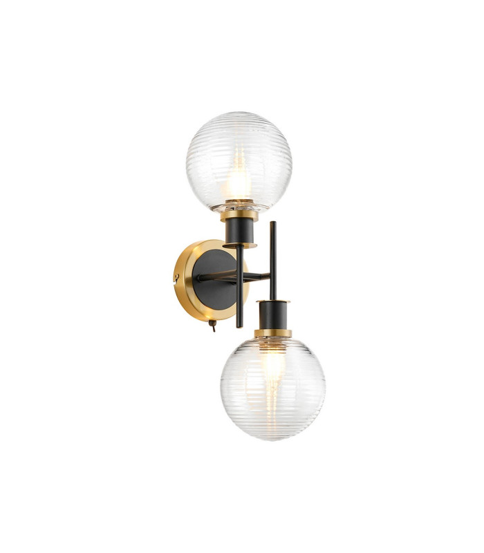 Placid Switched Wall Light 2 Light E14 15cm Round Ribbed Glass Shade Brass Clear & Satin Black-1