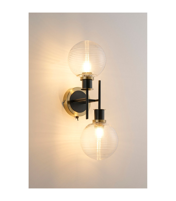 Placid Switched Wall Light 2 Light E14 15cm Round Ribbed Glass Shade Brass Clear & Satin Black-3