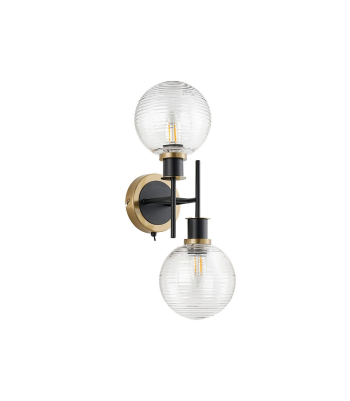 Placid Switched Wall Light 2 Light E14 15cm Round Ribbed Glass Shade Brass Clear & Satin Black-4