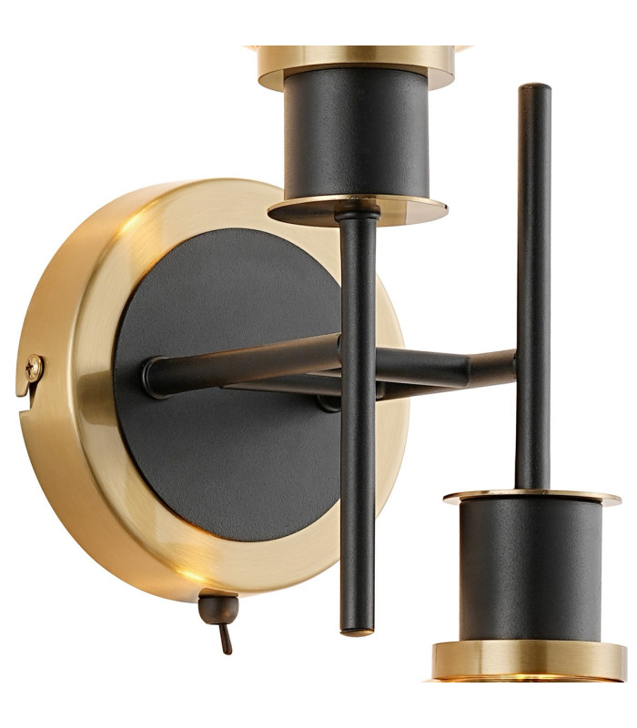 Placid Switched Wall Light 2 Light E14 15cm Round Ribbed Glass Shade Brass Clear & Satin Black-5