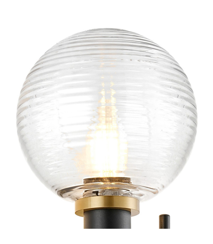 Placid Switched Wall Light 2 Light E14 15cm Round Ribbed Glass Shade Brass Clear & Satin Black-6