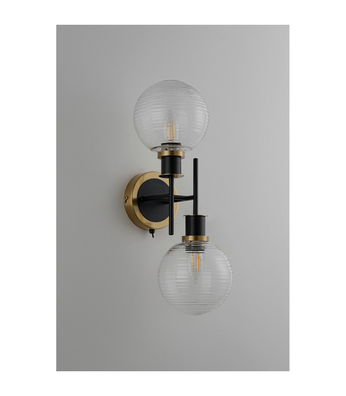 Placid Switched Wall Light 2 Light E14 15cm Round Ribbed Glass Shade Brass Clear & Satin Black-7