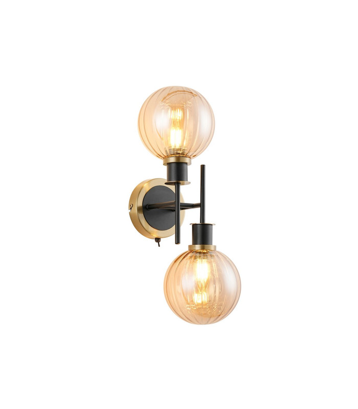 Placid Switched Wall Light 2 Light E14 15cm Round Segment Glass Shade Brass Amber Plated & Satin Black-1